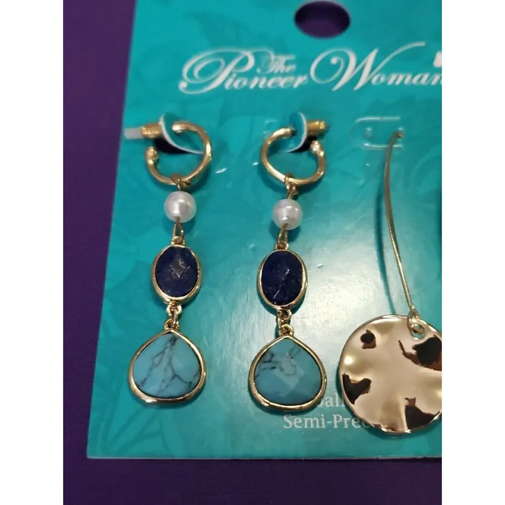 Pioneer Woman Two Pairs Earrings Long Dangle Pierced Threader Semiprecious New
